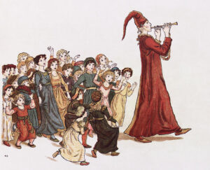 Illustration humoristique : Merlin l'Enchanteur joue de la flûte en entrainant derrière lui une foule de personnes accourant...